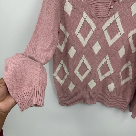 Vintage Y2K Pink Sweater Size XL Argyle Print Academia Softcore Cottagecore - Picture 3 of 6